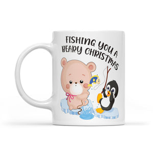 Fishing You A Beary Christmas Funny Polar Bear And Penguin White Mug Gift For Christmas