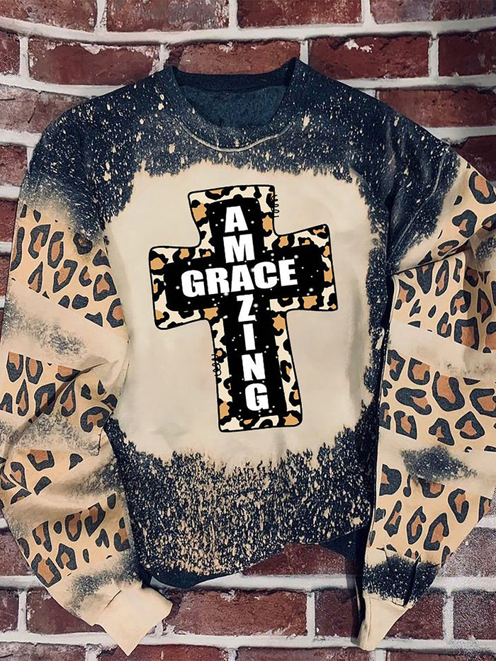 Amazing grace cross Leopard Bleached Sweater, Christmas Ugly Sweater, Christmas Gift, Gift Christmas 2024