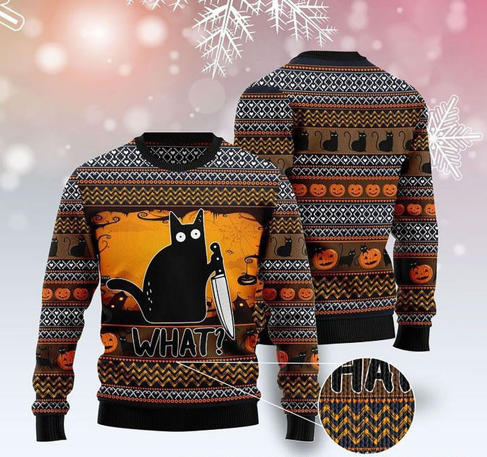 cat what murderous black cat with knife full Sweater, Christmas Ugly Sweater, Christmas Gift, Gift Christmas 2022