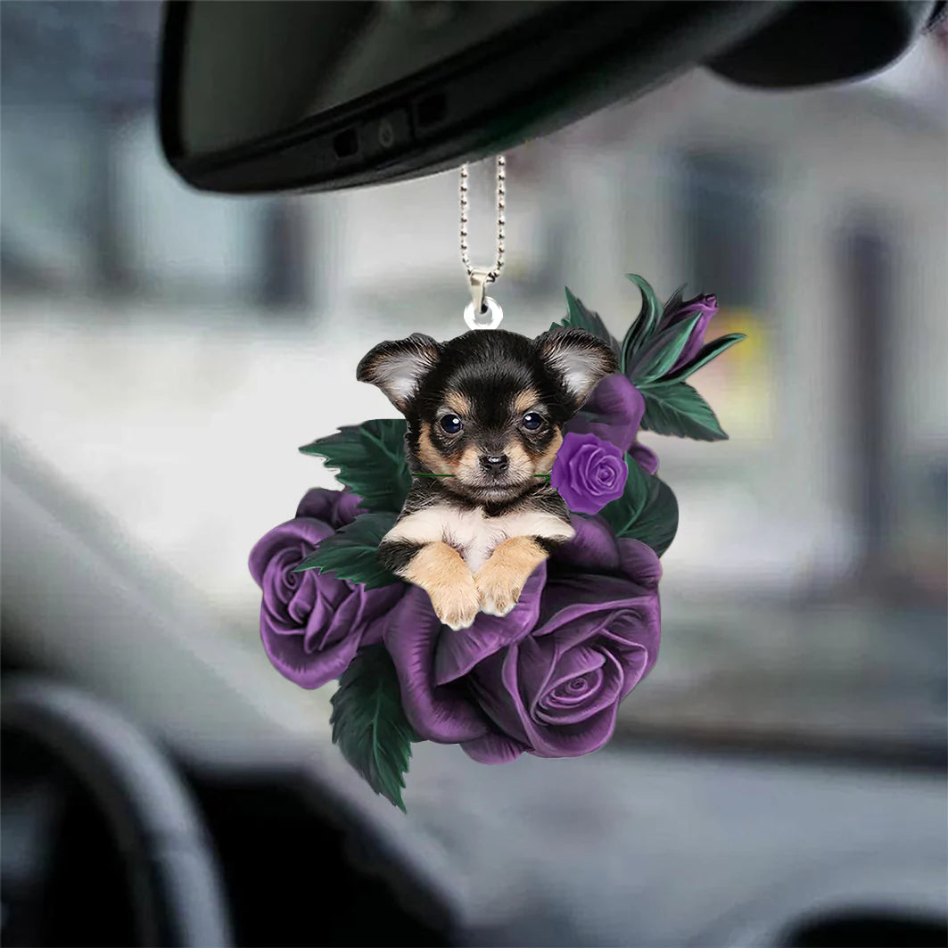 Chihuahua In Purple Rose Car Hanging Ornament, Car Hanging Ornament For Dog Dad - Best gifts your whole family