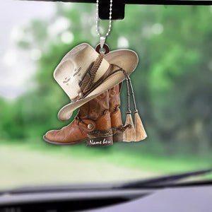 Christmas Ornament, Personalized Boots And Hat Cowboy Flat Acrylic Car Ornament - Best gifts your whole family