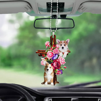 Corgi Roses And Jesus Car Hanging Ornament Dog Ornaments For Auto Car Godmerc - Best gifts your whole family