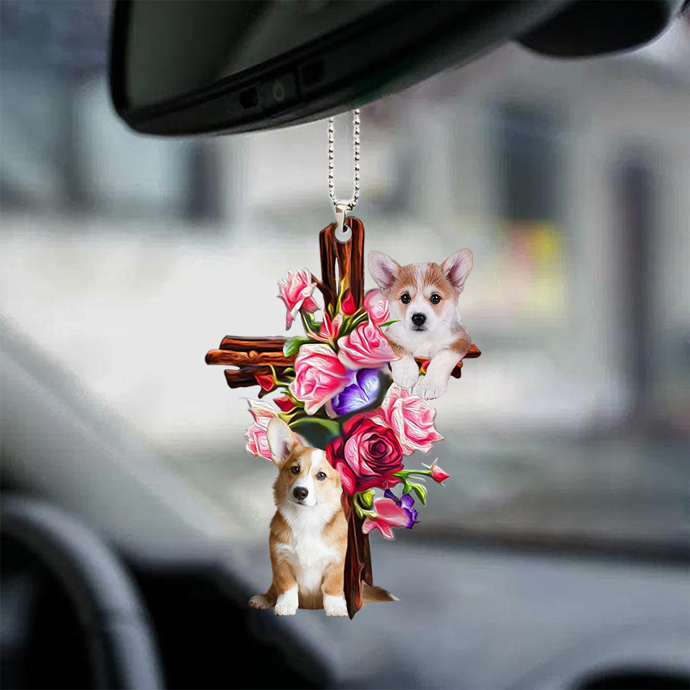 Corgi Roses And Jesus Car Hanging Ornament Dog Ornaments For Auto Car Godmerc - Best gifts your whole family
