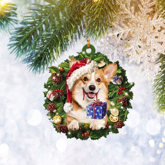 Corgi Wearing Christmas Wreath Flat Ornament, Dog Pet Lover Gifts, Christmas Tree Ornament, Home Decor Plastic Ornament - Best gifts your whole family