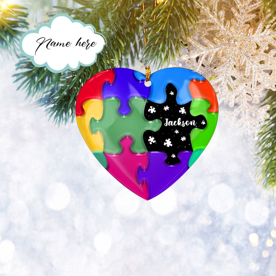 Custom Autism Heart Flat 2D Ornament, Personalized Support Gift, Christmas Tree Ornament, Home Decor Plastic Ornament - Best gifts your whole family