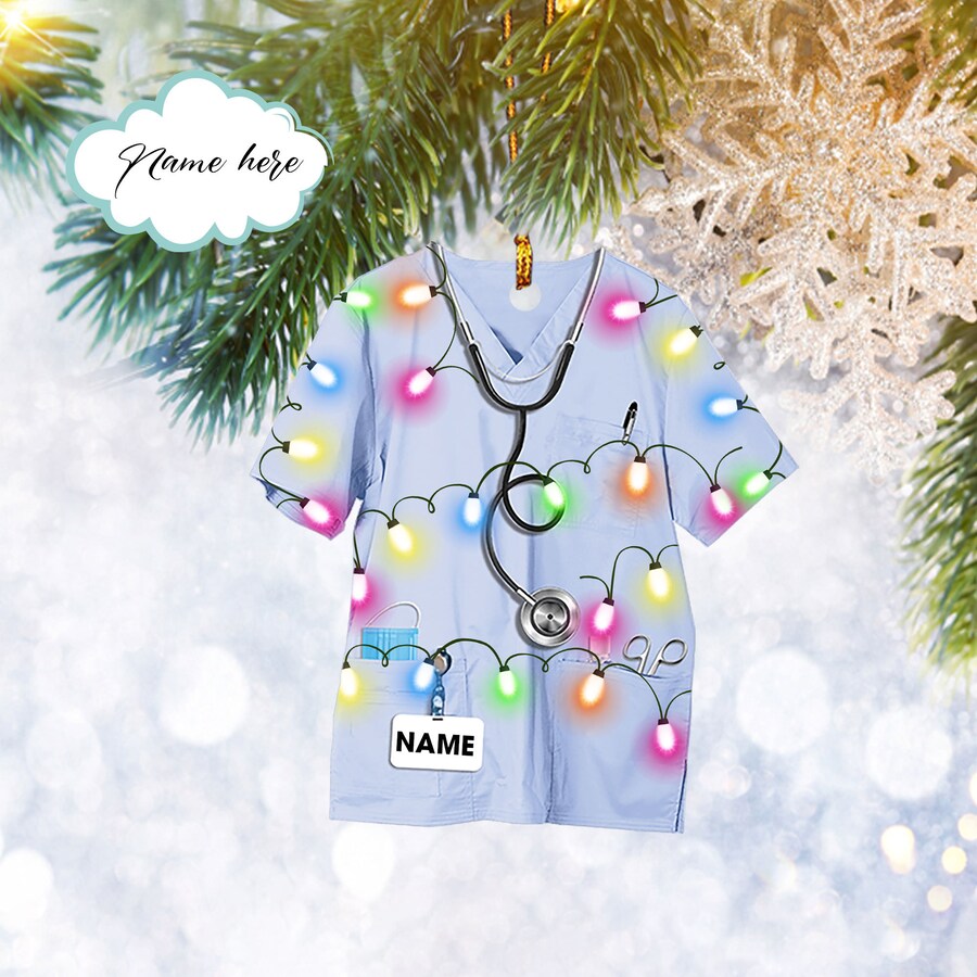 Custom Nurse Scrub Uniform With Christmas Light Flat 2D Ornament, Christmas Tree Ornament, Home Decor Plastic Ornament - Best gifts your whole family