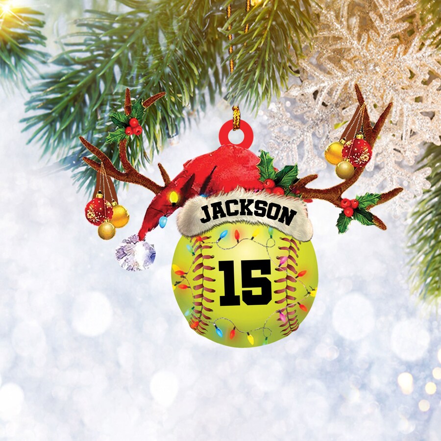 Custom Softball Ball Reindeer String Lights Flat 2D Ornament, Christmas Tree Ornament Gifts, Home Decor Plastic Ornament - Best gifts your whole family