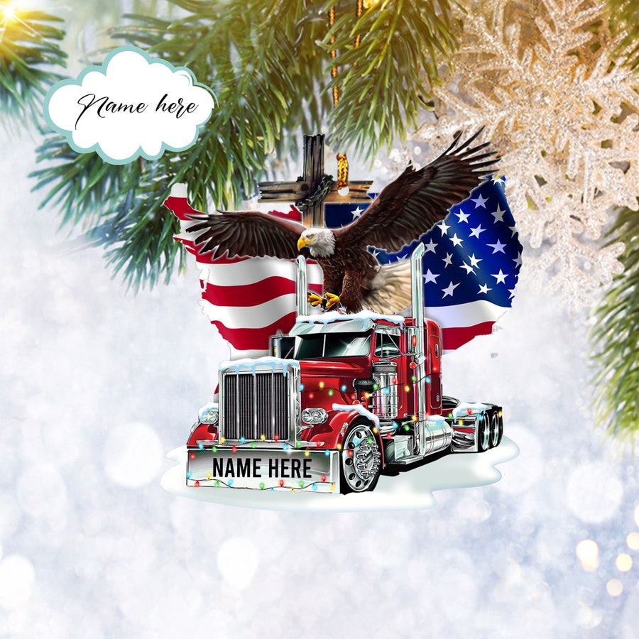 Custom Truck American Flag Eagle Flat 2D Ornament, Trucker Gifts, Christmas Tree Ornament, Home Decor Plastic - Best gifts your whole family
