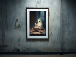 Cute Ghost In A Birthday Party Alone, Ghost Print, Ghost Poster, Spooky Art, Dark Academia, Haunting Ghost, Halloween Decor - Best gifts your whole family