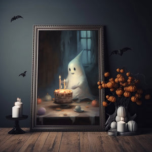 Cute Ghost In A Birthday Party Alone, Ghost Print, Ghost Poster, Spooky Art, Dark Academia, Haunting Ghost, Halloween Decor - Best gifts your whole family