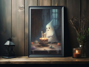 Cute Ghost In A Birthday Party Alone, Ghost Print, Ghost Poster, Spooky Art, Dark Academia, Haunting Ghost, Halloween Decor - Best gifts your whole family