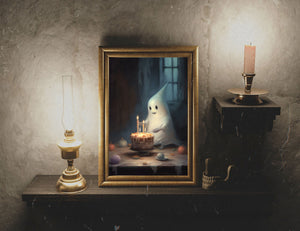 Cute Ghost In A Birthday Party Alone, Ghost Print, Ghost Poster, Spooky Art, Dark Academia, Haunting Ghost, Halloween Decor - Best gifts your whole family