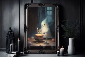 Cute Ghost In A Birthday Party Alone, Ghost Print, Ghost Poster, Spooky Art, Dark Academia, Haunting Ghost, Halloween Decor - Best gifts your whole family