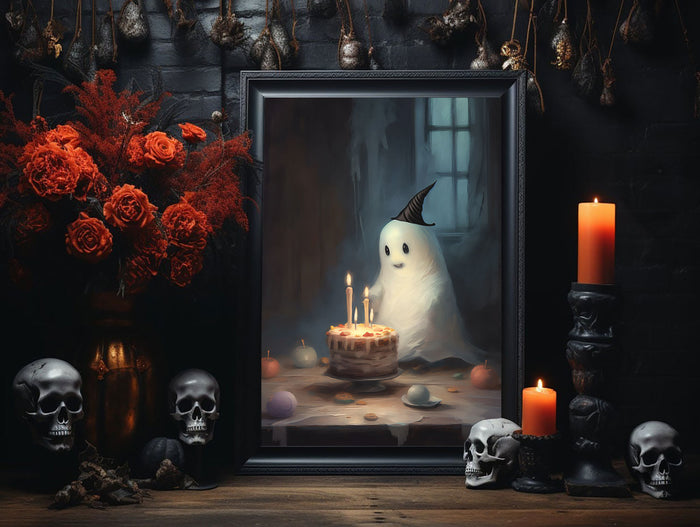 Cute Ghost Witch In A Birthday Party Alone, Ghost Print, Ghost Poster, Spooky Art, Dark Academia, Haunting Ghost, Halloween Decor - Best gifts your whole family