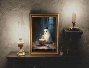 Cute Ghost Witch In A Birthday Party Alone, Ghost Print, Ghost Poster, Spooky Art, Dark Academia, Haunting Ghost, Halloween Decor - Best gifts your whole family