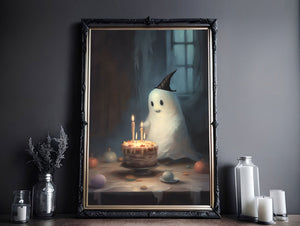 Cute Ghost Witch In A Birthday Party Alone, Ghost Print, Ghost Poster, Spooky Art, Dark Academia, Haunting Ghost, Halloween Decor - Best gifts your whole family