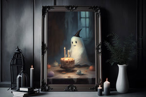 Cute Ghost Witch In A Birthday Party Alone, Ghost Print, Ghost Poster, Spooky Art, Dark Academia, Haunting Ghost, Halloween Decor - Best gifts your whole family