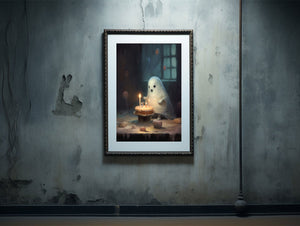 Cute Ghost With A Cake In A Birthday Party Alone, Ghost Print, Ghost Poster, Spooky Art, Dark Academia, Haunting Ghost, Halloween Decor - Best gifts your whole family