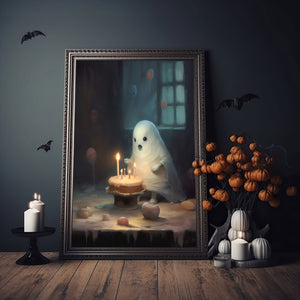 Cute Ghost With A Cake In A Birthday Party Alone, Ghost Print, Ghost Poster, Spooky Art, Dark Academia, Haunting Ghost, Halloween Decor - Best gifts your whole family