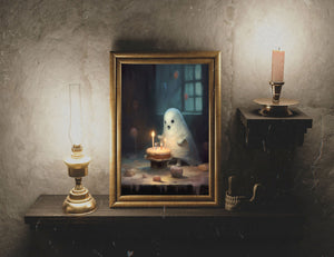 Cute Ghost With A Cake In A Birthday Party Alone, Ghost Print, Ghost Poster, Spooky Art, Dark Academia, Haunting Ghost, Halloween Decor - Best gifts your whole family