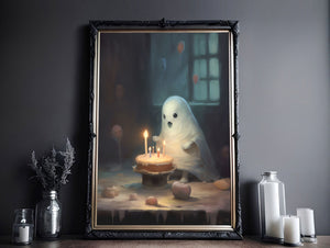 Cute Ghost With A Cake In A Birthday Party Alone, Ghost Print, Ghost Poster, Spooky Art, Dark Academia, Haunting Ghost, Halloween Decor - Best gifts your whole family