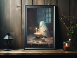 Cute Ghost With A Cake In A Birthday Party Alone, Ghost Print, Ghost Poster, Spooky Art, Dark Academia, Haunting Ghost, Halloween Decor - Best gifts your whole family