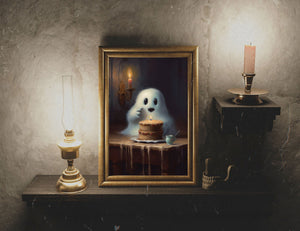 Cute Ghost With A Cake Poster, Ghost Print, Ghost Poster, Spooky Art, Dark Academia, Haunting Ghost, Halloween Decor - Best gifts your whole family