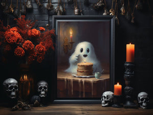 Cute Ghost With A Cake Poster, Ghost Print, Ghost Poster, Spooky Art, Dark Academia, Haunting Ghost, Halloween Decor - Best gifts your whole family