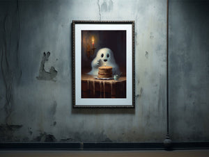 Cute Ghost With A Cake Poster, Ghost Print, Ghost Poster, Spooky Art, Dark Academia, Haunting Ghost, Halloween Decor - Best gifts your whole family