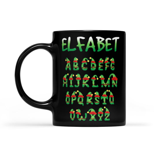 Outfit Greannmhar Nollag Elf - Aibítir Elfabet Bronntanas Mug Dubh Don Nollag