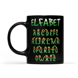 Funny Christmas Elf Outfit - Elfabet Alphabet Pun Black Mug Gift For Christmas
