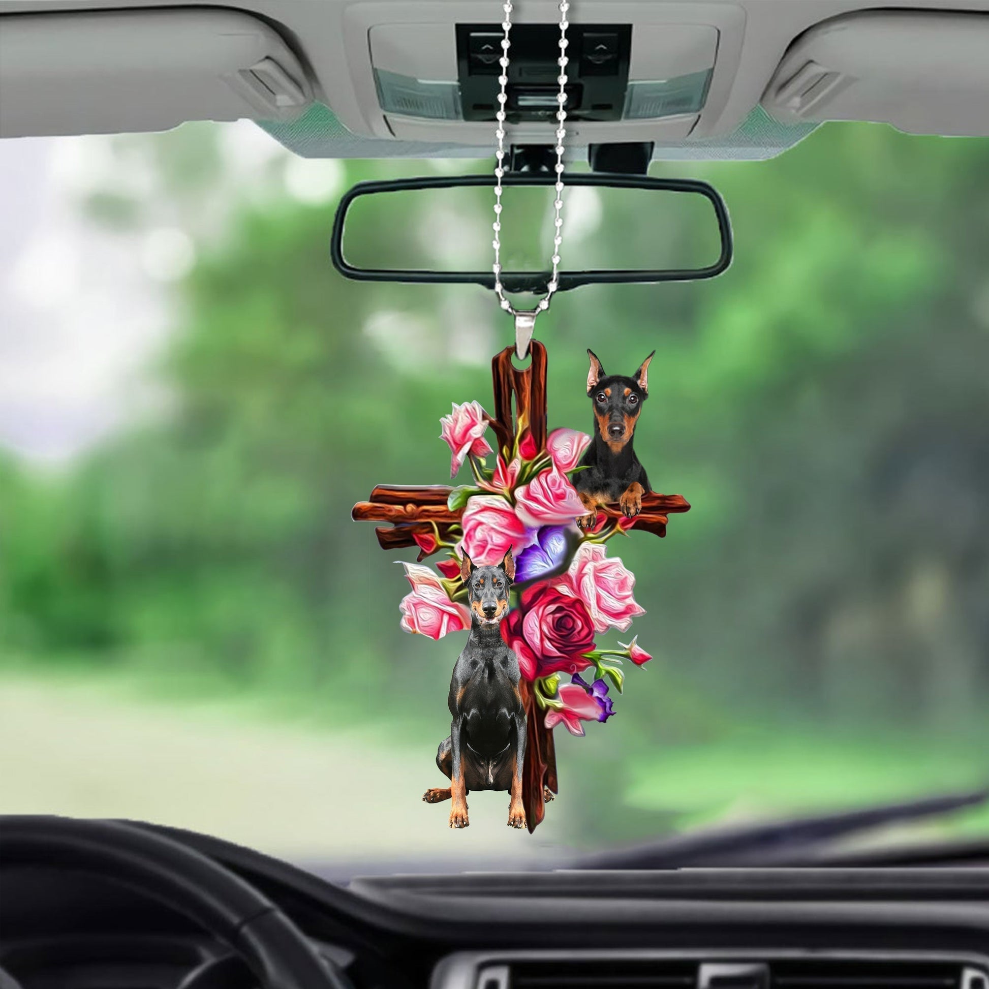 Doberman Roses And Jesus Car Hanging Ornament Dog Ornaments For Auto Car Godmerc - Best gifts your whole family