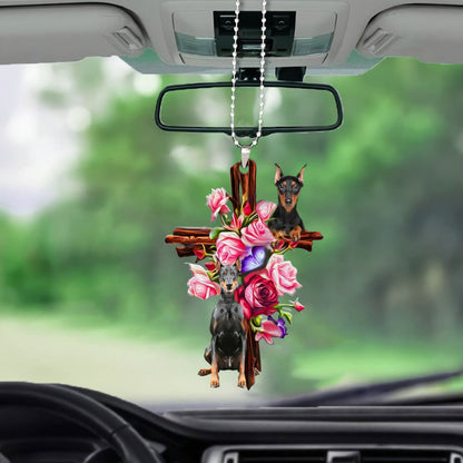 Doberman Roses And Jesus Car Hanging Ornament Dog Ornaments For Auto Car Godmerc - Best gifts your whole family