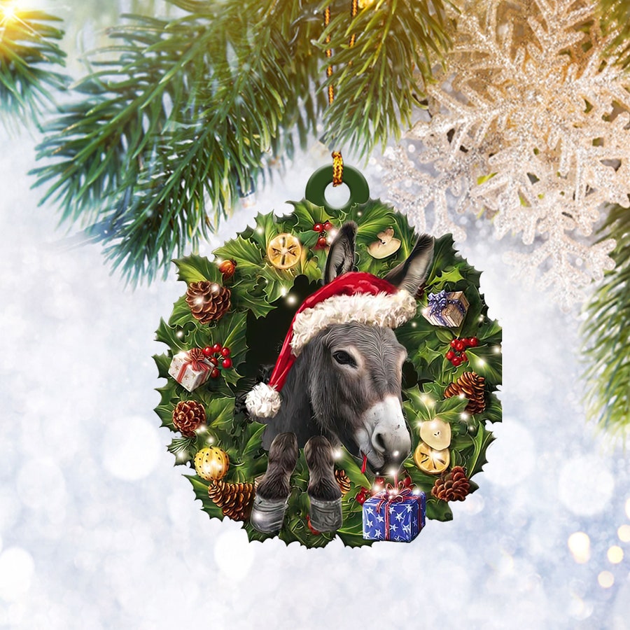 Donkey Christmas Wreath Ornament Flat 2D, Farm Animal Lover Gifts, Christmas Tree Ornament, Home Decor Plastic Ornament - Best gifts your whole family
