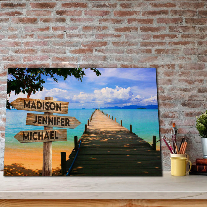 Personalized Blue Sky and Beach Dock Street Signs Customized With Names Canvas