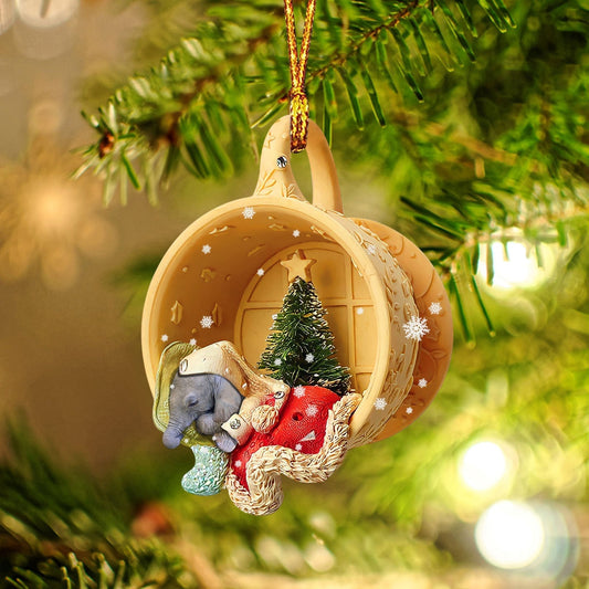 Elephant Sleeping in a tiny cup Christmas Holiday-Two Sided Ornament, Christmas Ornament, Car Ornament - Best gifts your whole family