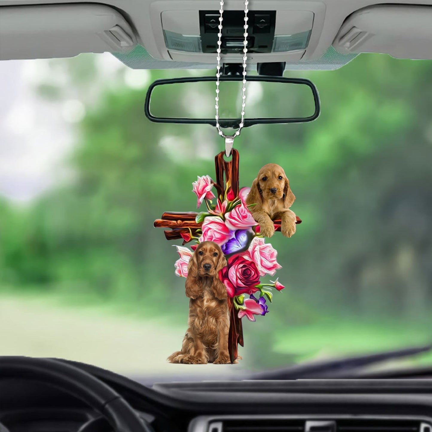 English Cocker Spaniel Roses And Jesus Car Hanging Ornament Dog Ornaments For Auto Car Godmerc - Best gifts your whole family