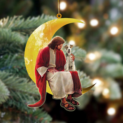Fox Terrier And Jesus Sitting On The Moon Hanging Ornament Christmas Ornament - Best gifts your whole family
