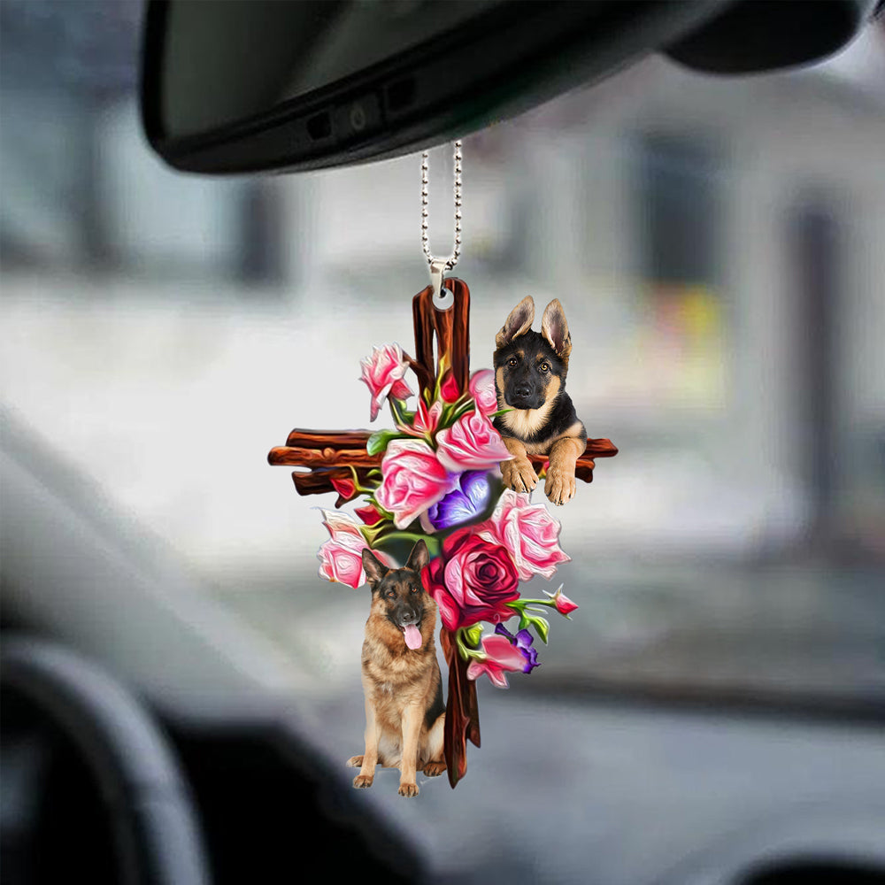 German Shepherd Roses And Jesus Car Hanging Ornament Dog Ornaments Godmerc - Best gifts your whole family
