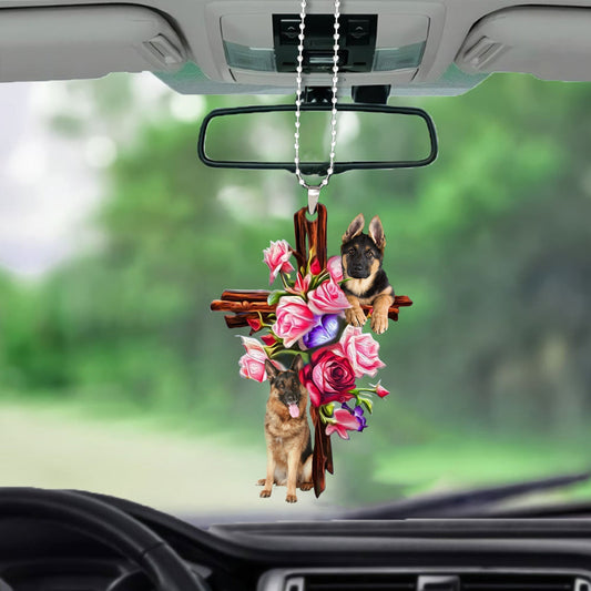 German Shepherd Roses And Jesus Car Hanging Ornament Dog Ornaments Godmerc - Best gifts your whole family