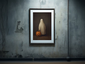 Ghost And Pumpkin Halloween Poster, Sheeted Ghost Art Print, Cute Little Ghost Face Spooky Gothic Printable, Abandoned Art, Dark Academia - Best gifts your whole family