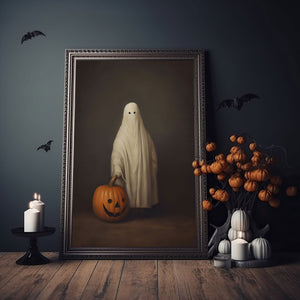 Ghost And Pumpkin Halloween Poster, Sheeted Ghost Art Print, Cute Little Ghost Face Spooky Gothic Printable, Abandoned Art, Dark Academia - Best gifts your whole family
