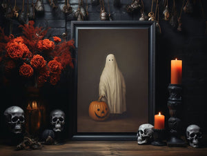 Ghost And Pumpkin Halloween Poster, Sheeted Ghost Art Print, Cute Little Ghost Face Spooky Gothic Printable, Abandoned Art, Dark Academia - Best gifts your whole family