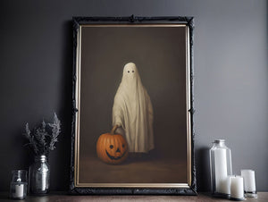 Ghost And Pumpkin Halloween Poster, Sheeted Ghost Art Print, Cute Little Ghost Face Spooky Gothic Printable, Abandoned Art, Dark Academia - Best gifts your whole family