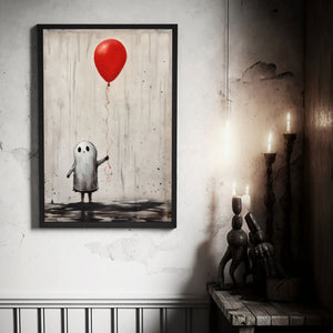 Ghost Boy Holding A Red Balloon Poster Print,Cute Ghost Print, Boo Ghost Poster, Halloween Boo Ghost Art Print, Dark Academia, Halloween Decor - Usoppsniper