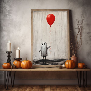 Ghost Boy Holding A Red Balloon Poster Print,Cute Ghost Print, Boo Ghost Poster, Halloween Boo Ghost Art Print, Dark Academia, Halloween Decor - Usoppsniper