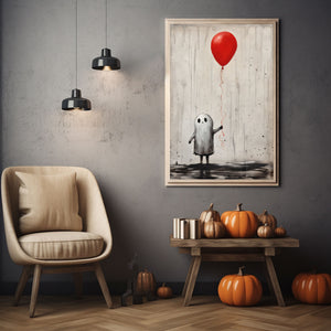 Ghost Boy Holding A Red Balloon Poster Print,Cute Ghost Print, Boo Ghost Poster, Halloween Boo Ghost Art Print, Dark Academia, Halloween Decor - Usoppsniper