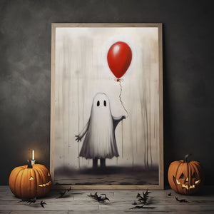 Ghost Girl Holding A Red Balloon Poster Print,Cute Ghost Print, Boo Ghost Poster, Halloween Boo Ghost Art Print, Dark Academia, Halloween Decor - Usoppsniper