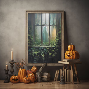 Ghost Outside Looking Through Window Poster Print, Boo Ghost Poster, Halloween Boo Ghost Art Print, Dark Academia, Halloween Decor - Usoppsniper