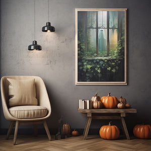 Ghost Outside Looking Through Window Poster Print, Boo Ghost Poster, Halloween Boo Ghost Art Print, Dark Academia, Halloween Decor - Usoppsniper